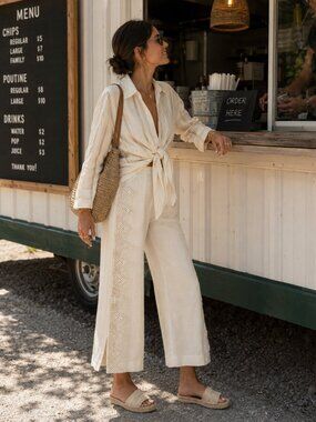 Zara Cream Wide-Leg Lace-Inset Linen Pants